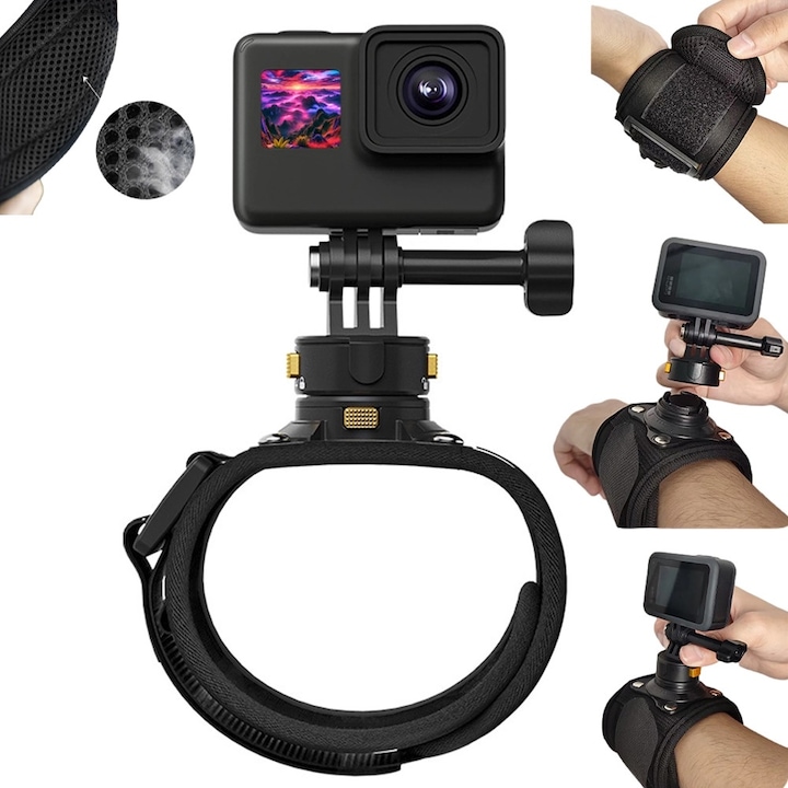 Bratara De Mana, GearPro Go, Pentru GoPro, DJI, Insta, Inchidere Magnetica Quick Lock, Libertate Deplina De Inregistrare, Material Respirabil, Negru