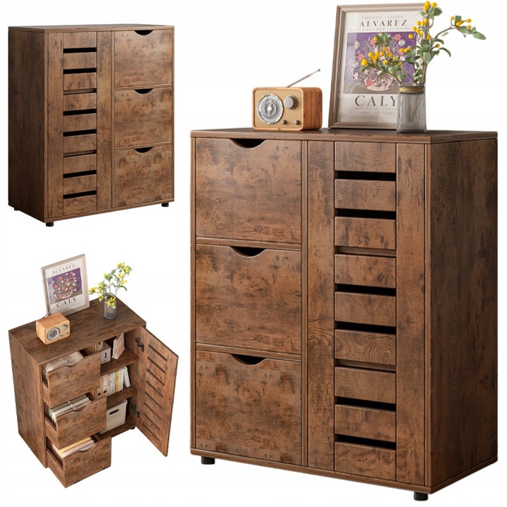 Retro nappali komód MUVU tágas fa polcok loft 3 fiókos padlás