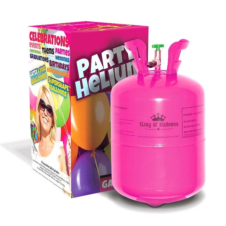 Butelie Heliu King of Balloons pentru 50 baloane latex de 23 cm, butelie de unica folosinta