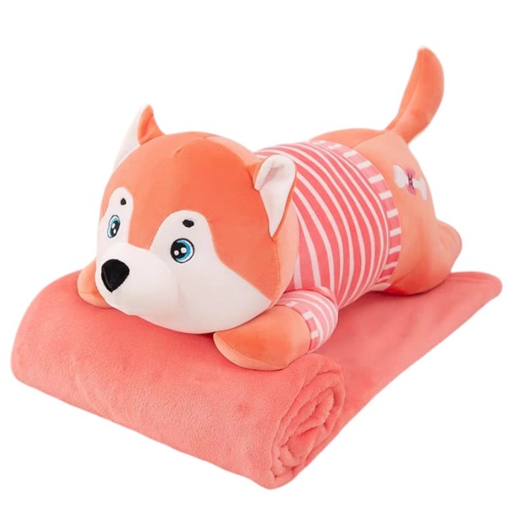 Плюшена играчка и възглавница с включено одеяло, розово куче хъски