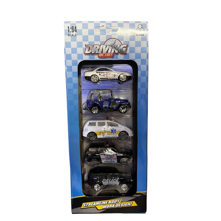 Set 4 masini de politie si 1 masina de ambulanta, Diecast, metal si plastic, 1:64, 9 x 3 cm