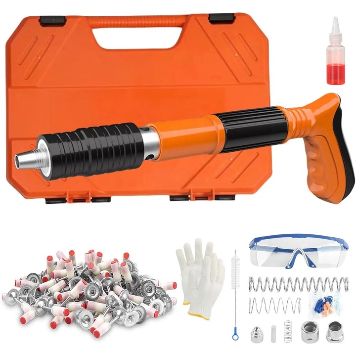 Pistol pneumatic mini pentru cuie de perete, 30 cm, calibru 7, 3 cm, cu accesorii si cutie de transport, portocaliu 100 cuie incluse