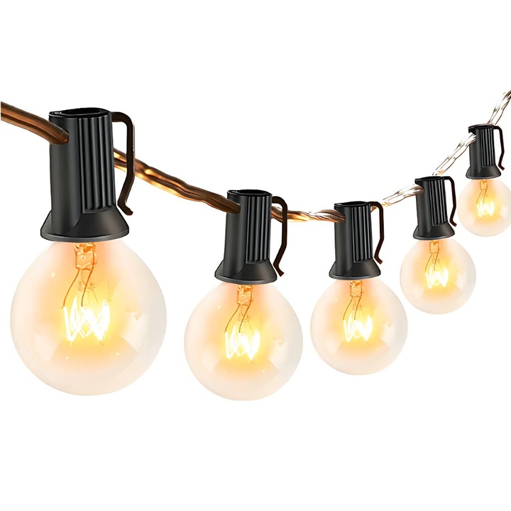 Ghirlanda luminoasa Promerco®, design decorativ, interconectabil, exterior, 25 becuri, 2 becuri rezerva, 7.62 m, rezistente la apa, configurare rapida, usoara, lumina calda