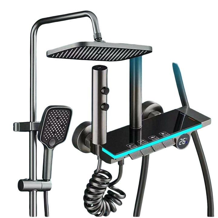 Set de dus modern cu para dreptunghiulara, panou afisaj din sticla, montare perete, 5 functii de curgere a apei, gri antracit