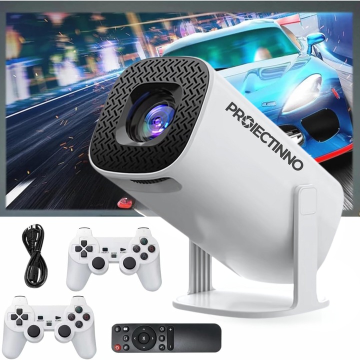 Videoproiector inteligent 4k cu consola gaming, Proiectinno, P30, WiFi 6, 3D, Bluetooth 5.0 Android TV 11.0, telecomanda, auto corectie imagine, difuzor incorporat, AM 1GB / ROM 8GB HDMI, USB, alb
