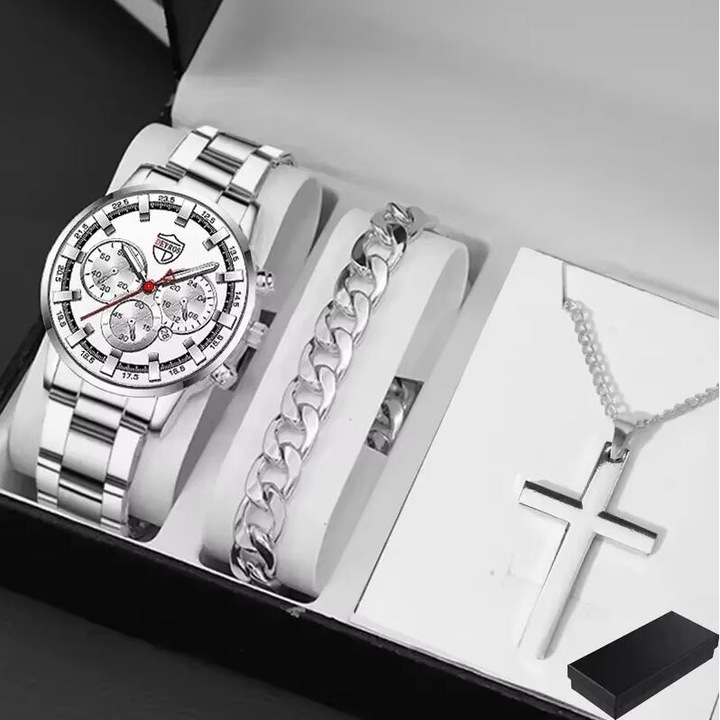 Подаръчен комплект 3 аксесоара, часовник + гривна + верижка, за мъже, елегантен модел Deyros, неръждаема стомана, сребро и бяло