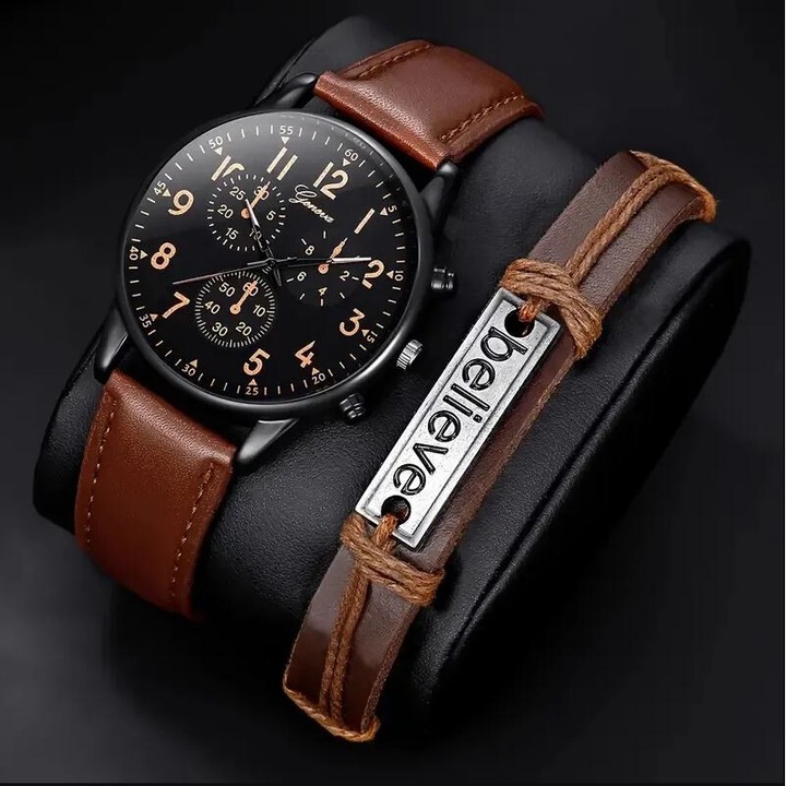 Óra és karkötő csomag, férfiaknak, Model Believe Geneva, Ajándékkészlet, Bőr megjelenés, Barna