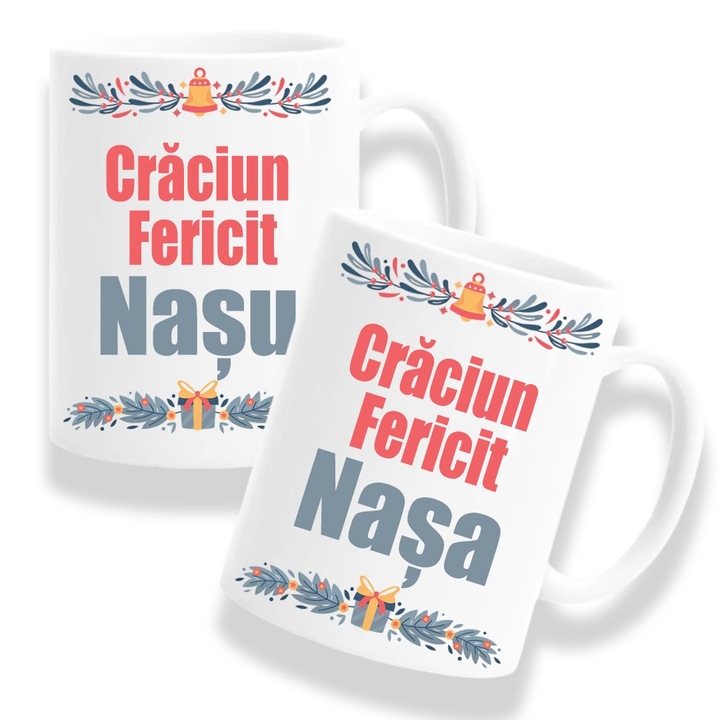 Set 2 Cani Personalizate Craciun pentru nasi cu mesaj:"Craciun Fericit Nasu/Nasa", Model cadou, Betaprint, 330ml, ceramica, alb