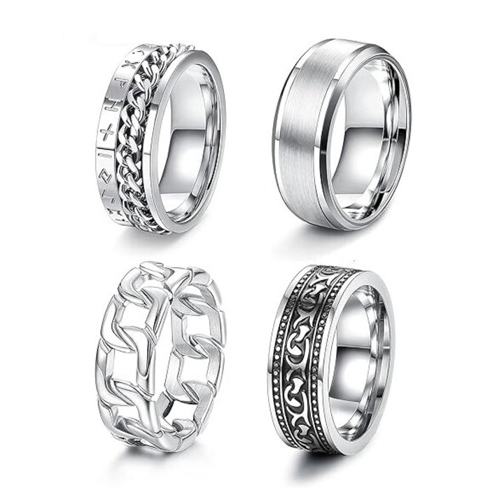 Set de 4 inele pentru barbati, Basesailor, design clasic, otel inoxidabil, argintiu, marimea 65