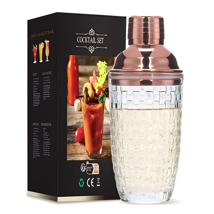 Üveg koktél shaker szett, Enforose, átlátszó, 1x shaker, 1x szűrő