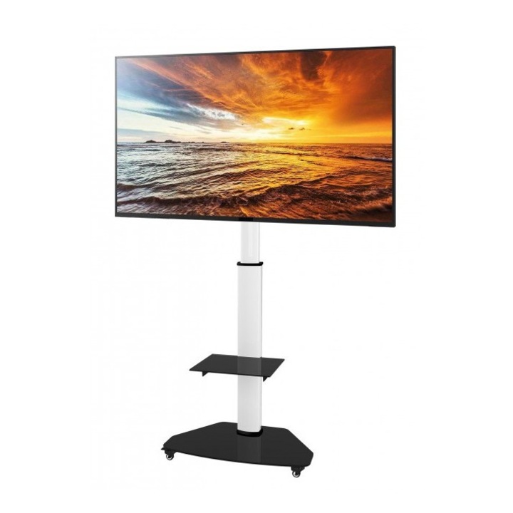 Стойка за телевизор/LCD/LED, професионална, алуминиева, 37"- 70", регулируема, рафтове включени, 40 кг, бяла