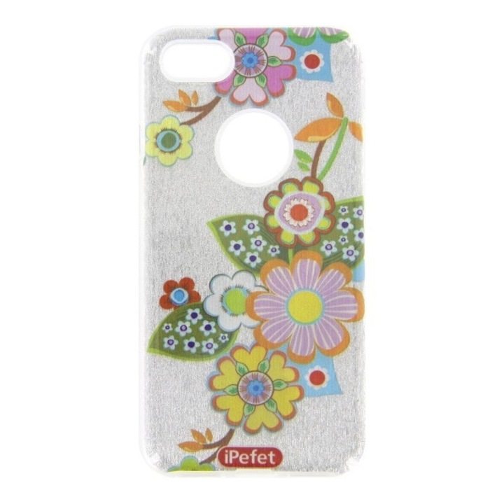 Husa silicon slim argintie glitter (flori stilizate) pentru Apple iPhone 7, 8, SE2 2020, SE3 2022
