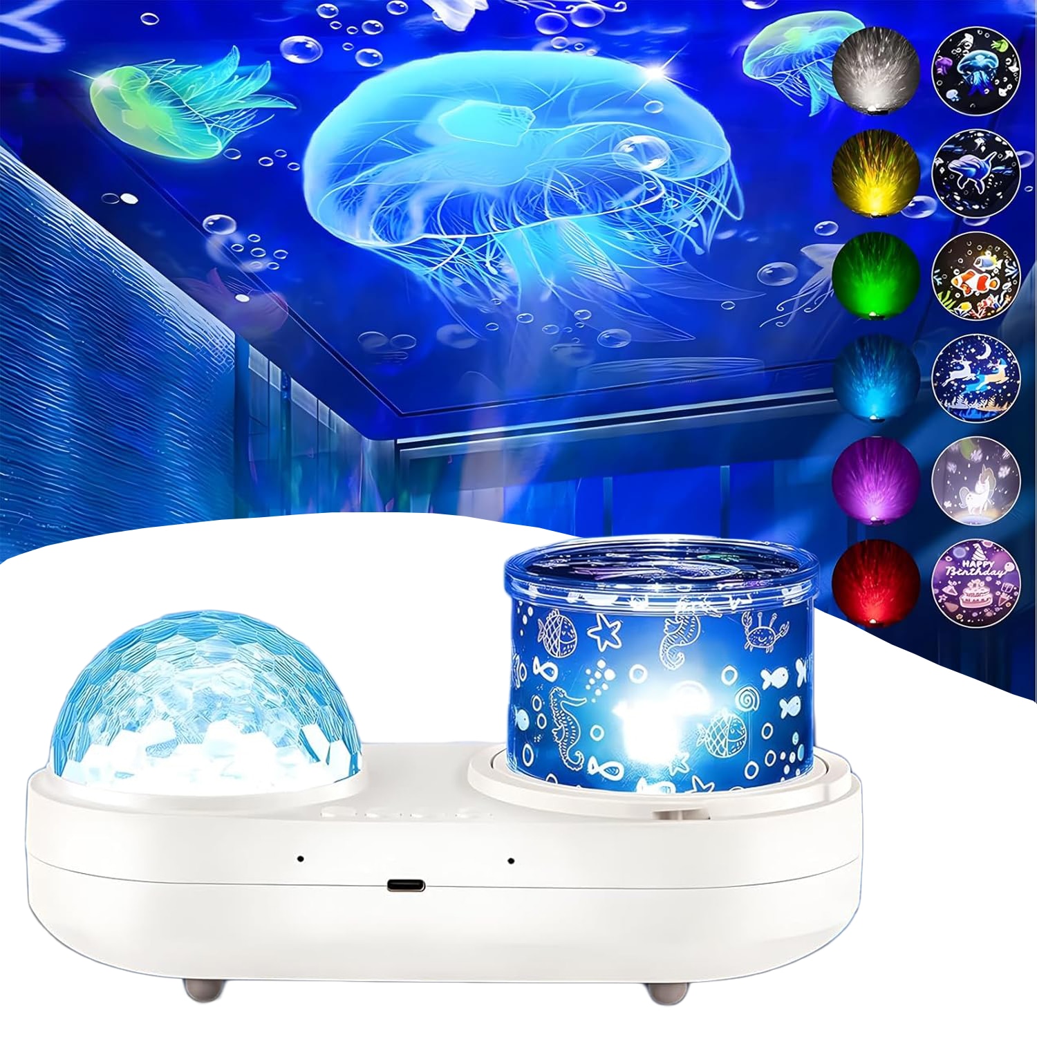 Proiector de noapte pentru copii, cu proiector ocean, lampa de noapte, de veghe, pentru copii sau bebelusi, 6 teme de proiectie, rotire 360°, alimentare USB, cu functie de temporizare, multicolor