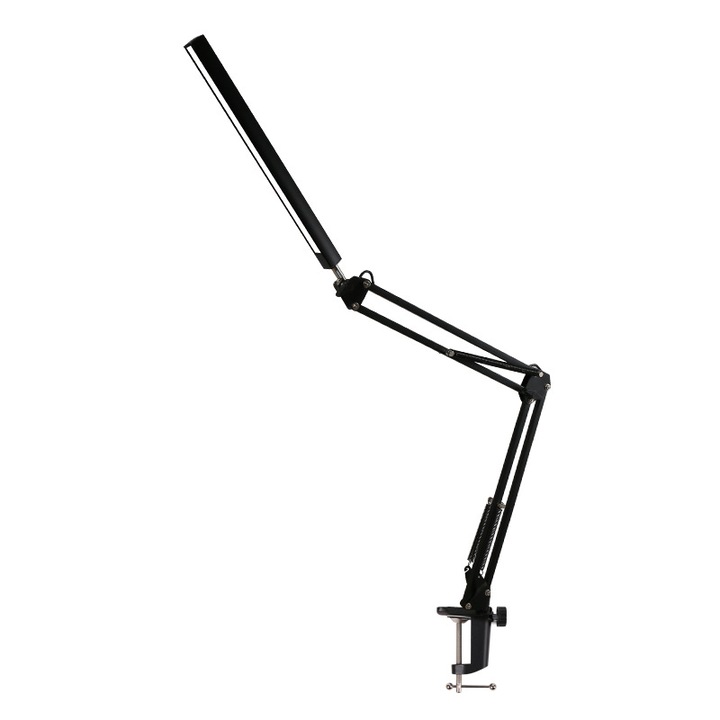 Lampa de birou cu clip, 12W, 3 moduri de culoare, 10 niveluri de luminozitate, brat lung telescopic, metal, neagra