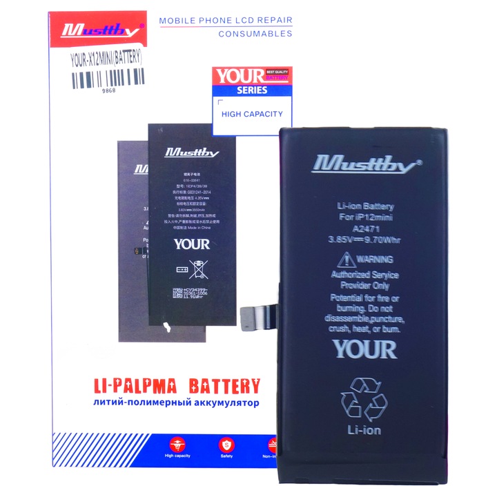 Baterie pentru iPhone 12 Mini, Musttby, 2520 mAh, Li-Ion, 3.85V, Negru