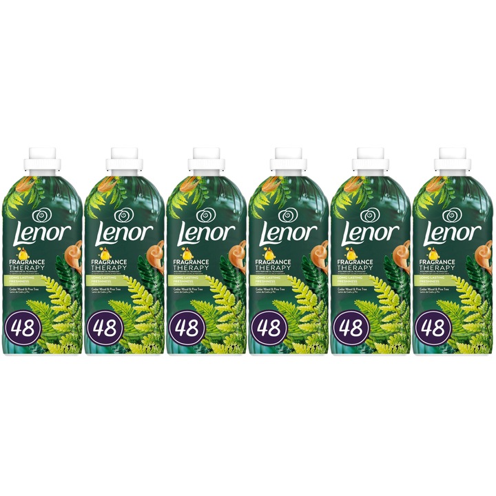 Комплект от 6 броя Lenor Balsam Rufe 1.2L Fragrance Therapy Cedar Wood&Pine Tree, Long Lasting Freshness деликатна грижа за тъканите, защита срещу износване, защита срещу варовик, намалени алергени, технология против миризма