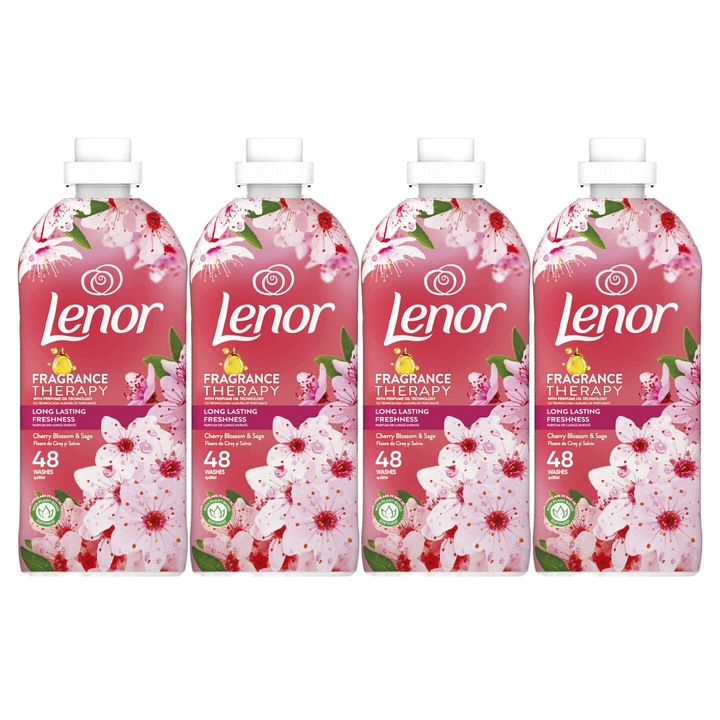 Set 4 x Lenor Balsam Rufe 1.2L Fragrance Therapy Cherry Blossom&Sage, Long Lasting Freshness ingrijire delicata a tesaturilor, protectie impotriva uzurii, protectie impotriva calcarului, alergeni redusi, tehnologie anti-miros