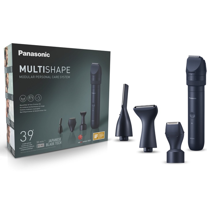 Комплект за подстригване и оформяне на брада Panasonic MultiShape ER-CKN1-PAC1, 3 вида бръснещи глави за контуриране, Автономия 50 минути, Бързо зареждане за 1 час, Батерия Ni-MH, 39 настройки за дължината, Транспортен калъф, Черен