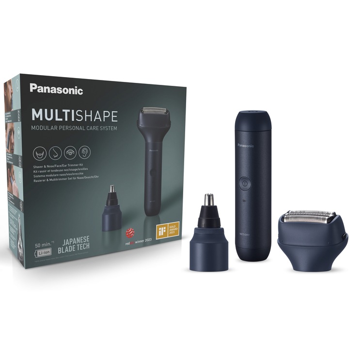 Комплект тример за нос/уши/лице и самобръсначка Panasonic MultiShape XSHAPE JUNIOR, 3 ножчета, Използване върху мокра/суха кожа, Литиево-йонна батерия, Бързо зареждане за 1 час, Транспортен калъф, Черен