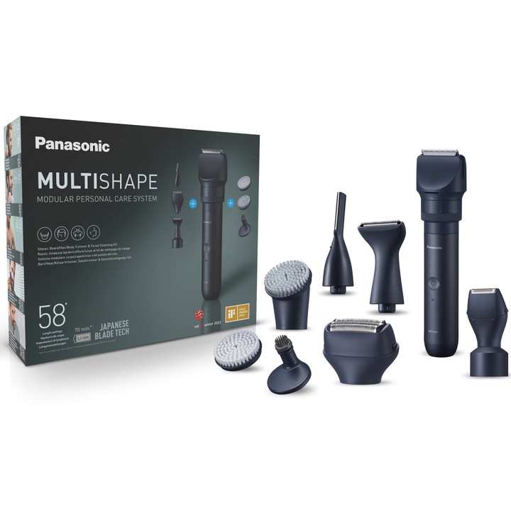 Комплект за подстригване и поддържане на брада/лице Panasonic MultiShape XSHAPE TRIM, Включва четки за почистване на лице, Литиево-йонна батерия, Автономия 70 минути, Бързо зареждане за 1 час, Използване на мокра/суха кожа, Транспортен калъф, Черен