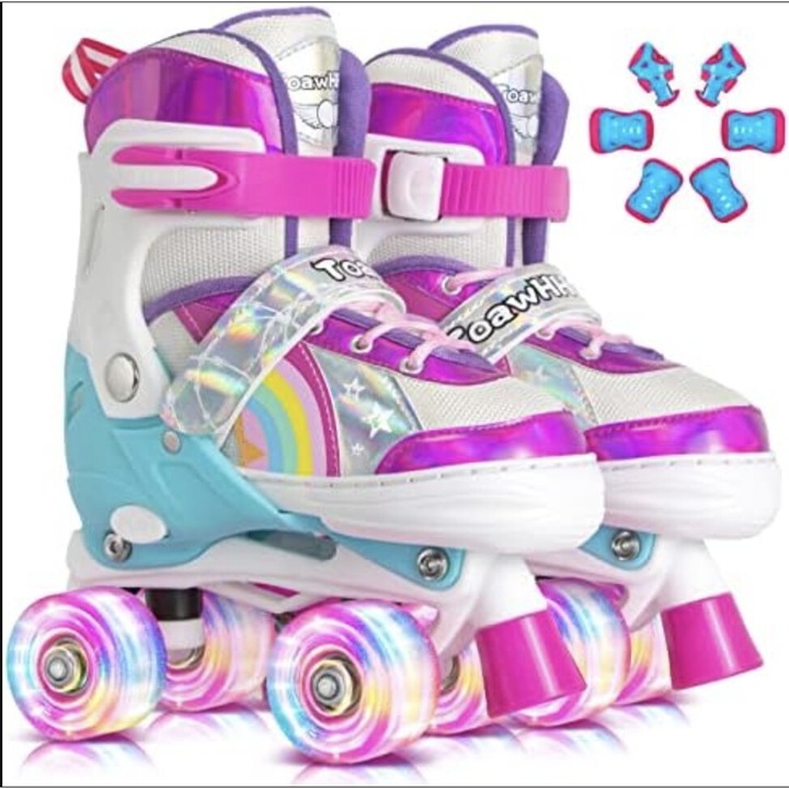 Fényes gyerek görkorcsolya 4 kerék lámpával, állítható méretek 31-34, rózsaszín, S