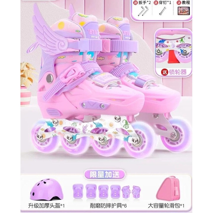 Role copii 2 in 1, Angel Wings, cu casca, cotiere si genunchiere, masuri reglabile 31-34 roz S