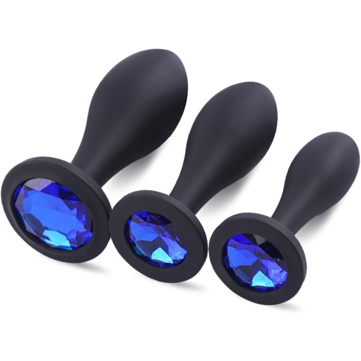 Set de 3 Plug anal, Jucarie sexuala Wanyan®, Dimensiuni diferite pentru a se potrivi majoritatii, din silicon medical, Fara Alergeni, Distractie de cuplu, Negru