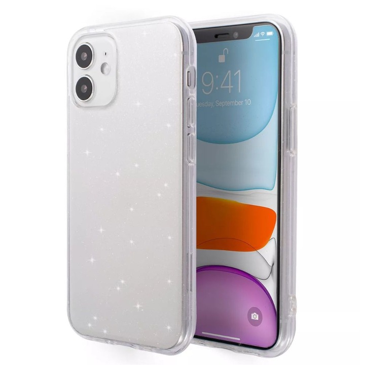 Husa pentru telefon G-Tech Glitter Shine Compatibila cu Apple iPhone 12, Silicon, Rezistenta, Transparenta