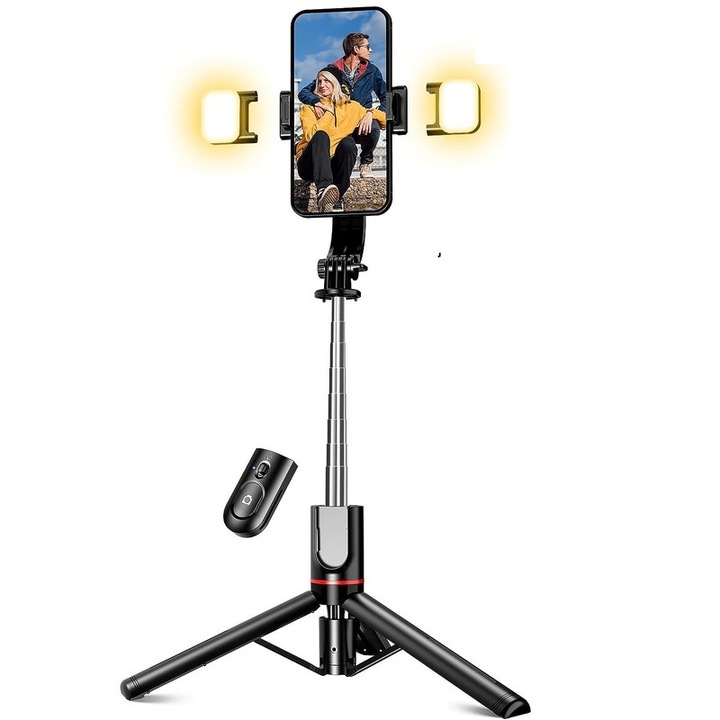 Селфи стик с 2 LED светлини, 3 режима, 360° стойка за телефон, отделящо се дистанционно, максимална дължина 116 см, черен