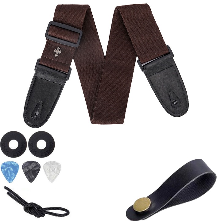 Curea Chitara si 3 picks de chitara, SINBINTA, Cu fanta pentru plectru de chitara, Interval reglabil de la 84 cm la 140 cm, Confortabil si respirabil, Rezistent la uzura, Pentru Bass / Electrica / Acustica, PU/Poliester, Maro