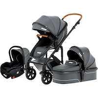 Carucior 3 in 1 pentru Bebelusi Mavio® Adventure, Landou Reversibil, Inclinare Sezut in 3 Pozitii, Scoica Copii, Roti Cauciuc cu Suspensie, Sistem Blocare, Greutate Maxima 25 kg, Pliabil, Tip Troller, Centura 5 Puncte, 0 - 36 luni, Gri