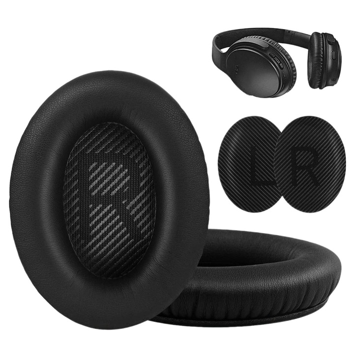 Set 2 Bureti, SINBINTA, Cu 2 bureti de schimb, Pentru casti Bose QC35 QC15 QC25, Confortabil si respirabila, Instalare usoara, Spuma cu memorie, Design ergonomic, Piele ecologica, 92x70x18mm, Negru