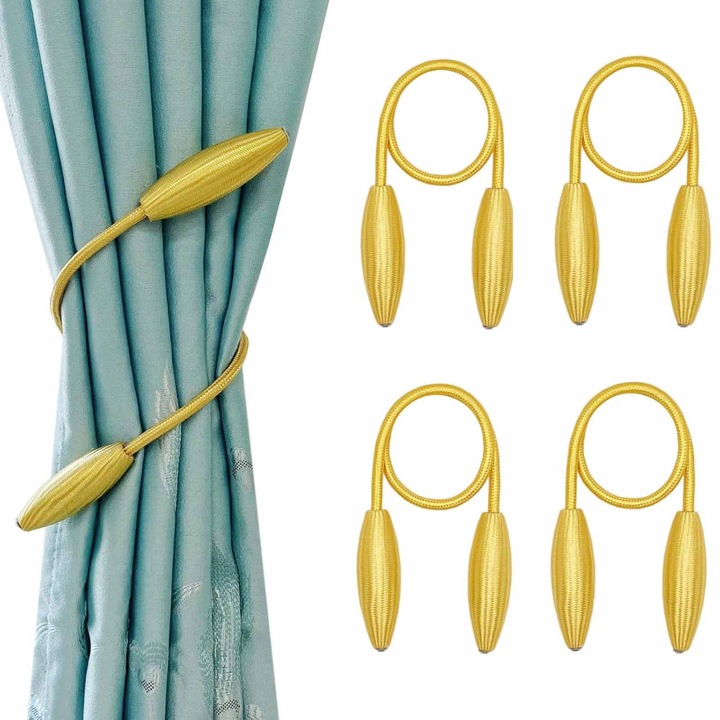 Set 4 Accesorii Perdele, SINBINTA, Sfoara tesuta, Pentru prinderea perdelei, Agatarea si fixarea usoara, Nu sunt necesare unelte si zero asamblare, Demontabile, Puternic si durabil, Poliester/Sarma de fier, 60cm, Auriu