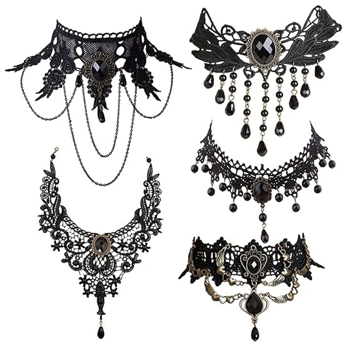 Set 5 Colier Choker din Dantela Neagra, SINBINTA, Gotic, Ajustabil, Senzatie confortabila de purtare, Nu este usor de decolorat, Pentru Halloween, petreceri mascarade, petreceri cosplay, Textil/Acril, 32cm, Negru