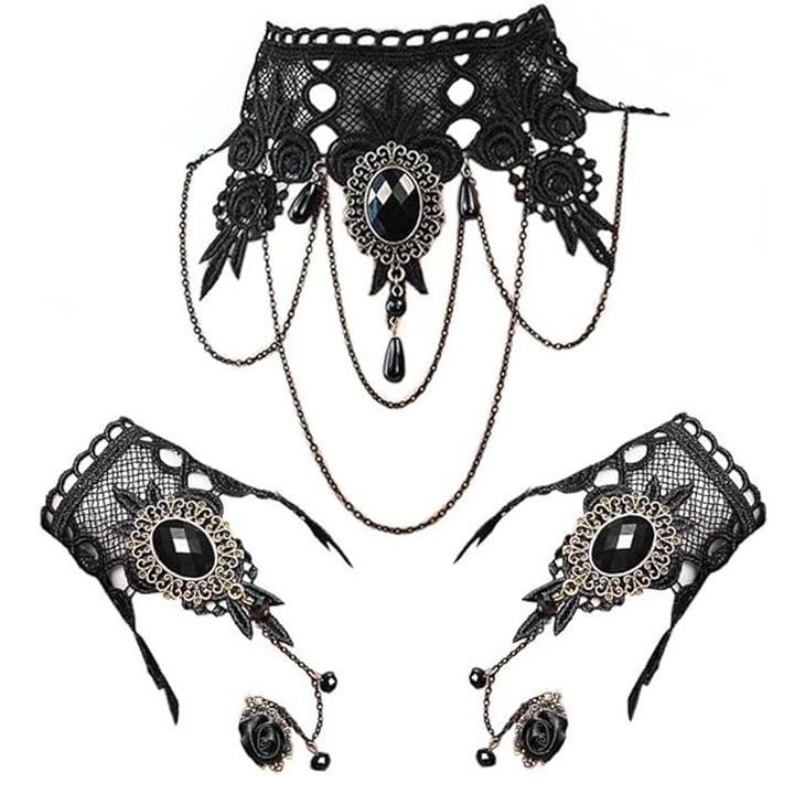 Комплект от 3 черни дантелени колиета чокър, SINBINTA, готически, регулируеми, антиалергични, удобни за носене, за Хелоуин, маскарадни партита, косплей партита, текстил/акрил, 32/16 см, черни