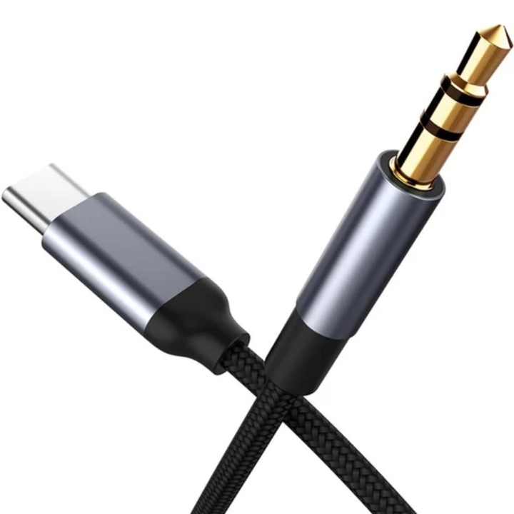 Адаптерен кабел, SINBINTA, USB-C към Mini Jack 3.5 мм AUX с DAC, Издръжливост, Hi-Fi качество на звука, Лек и лесен за употреба, за Huawei, Xiaomi, Vivo, Realme, Oppo, Samsung iPhone, Метал/ Найлон, 1 м, Черен/Сив