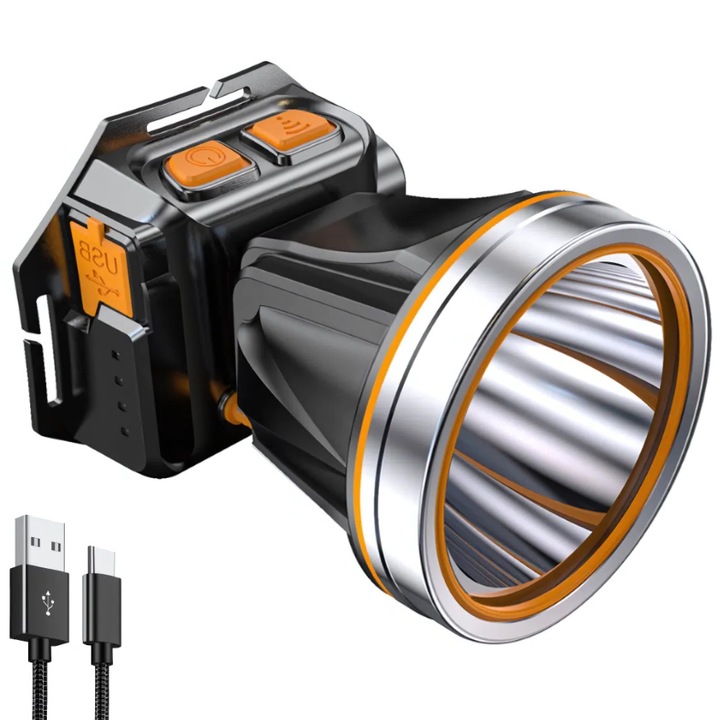 Професионален LED фенер, PROMERCO®, USB зареждане, дизайн на сензор за движение, T120-LED XGP, 10W, 4000mAh, 1200 лумена, включена акумулаторна батерия, алуминий и ABS Premium материал, издръжлив, устойчив, оранжев/черен