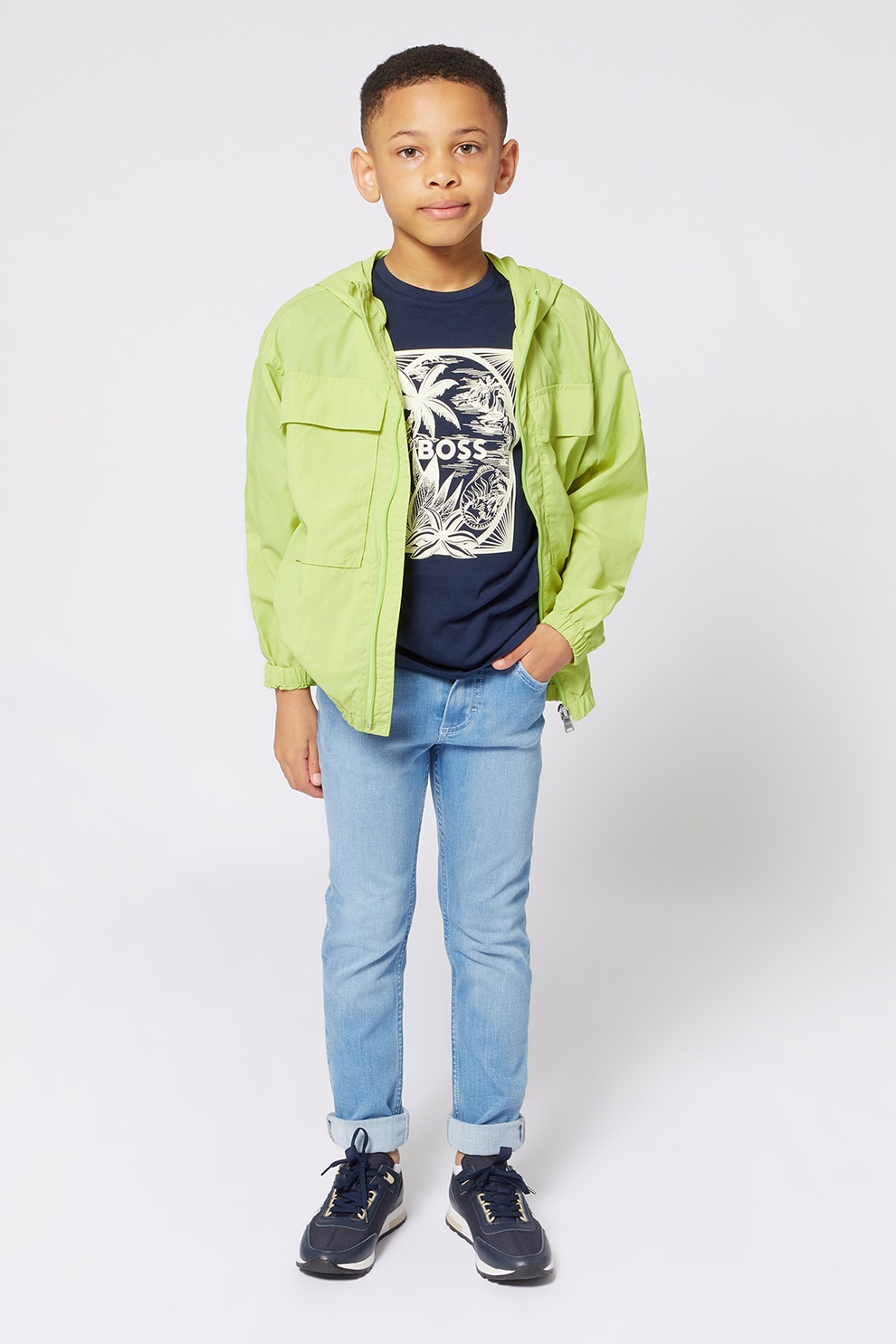 BOSS Kidswear, Tricou din bumbac cu imprimeu, Bleumarin, 138 CM