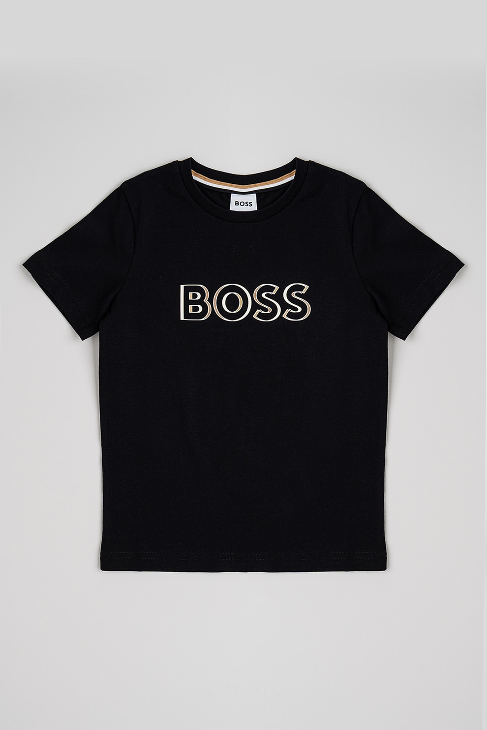 BOSS Kidswear, Tricou de bumbac cu logo, Alb fildes, Negru, Maro, 150 CM