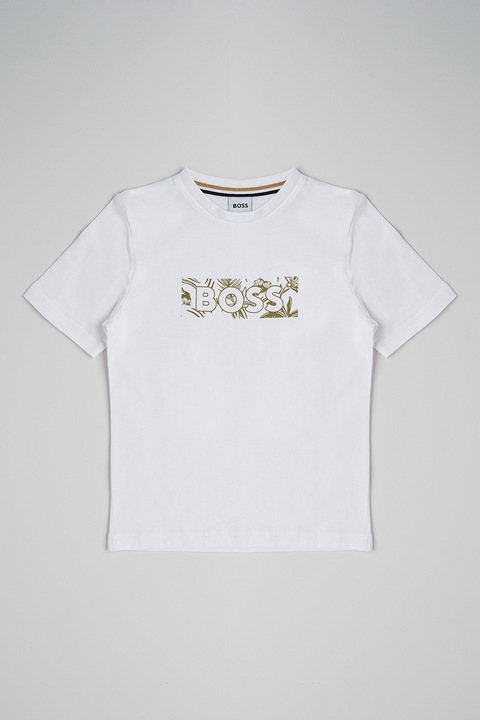 BOSS Kidswear, Tricou cu decolteu la baza gatului si logo, Alb/Verde sparanghel