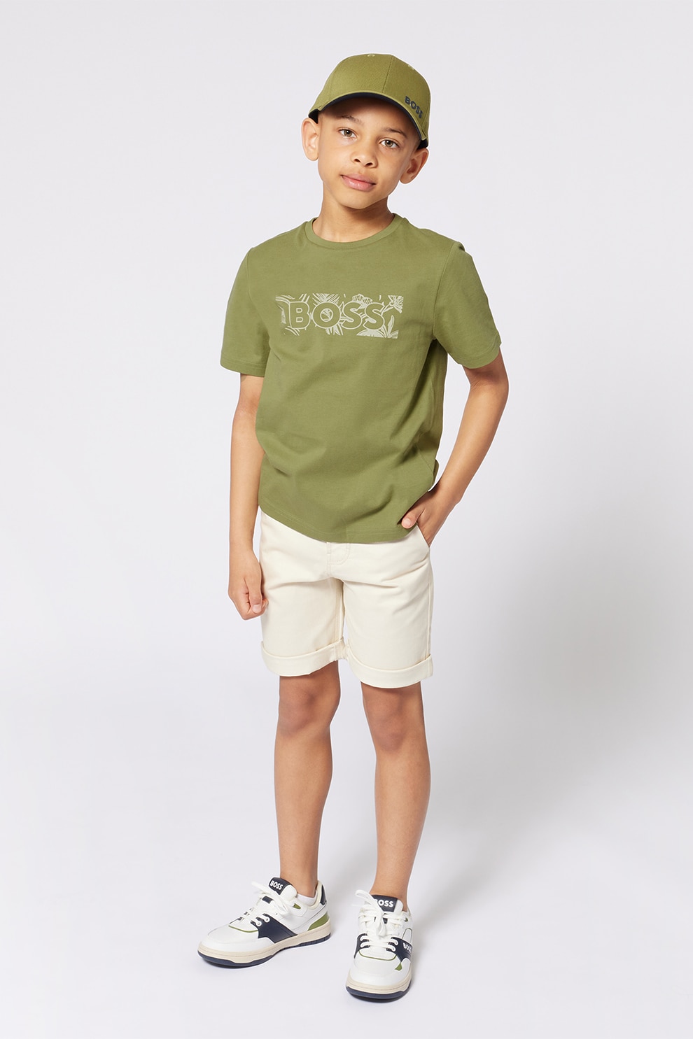 BOSS Kidswear, Tricou cu decolteu la baza gatului si logo, Kaki, 174 CM