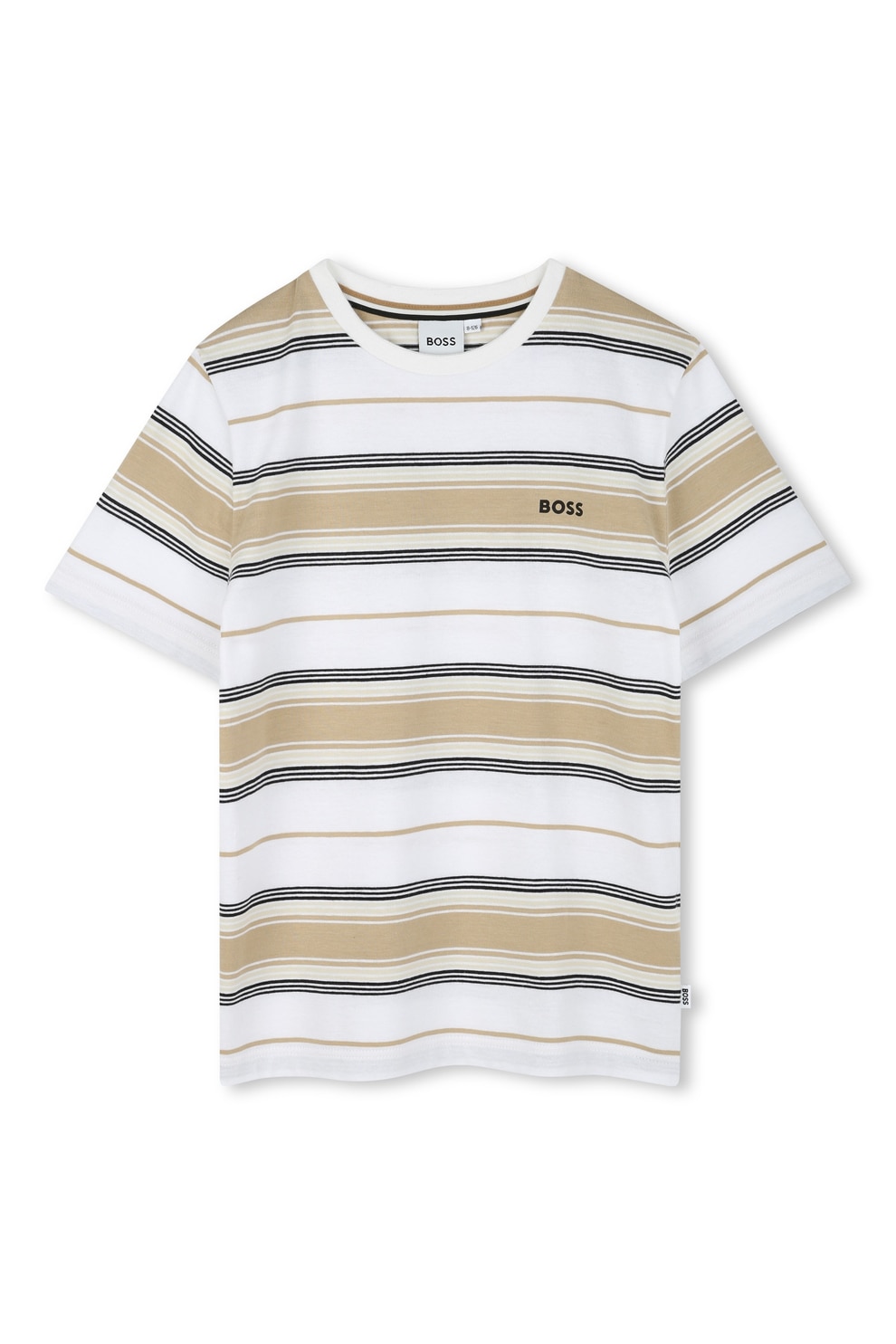BOSS Kidswear, Tricou din bumbac cu model in dungi, Alb, Bej deschis, 162 CM