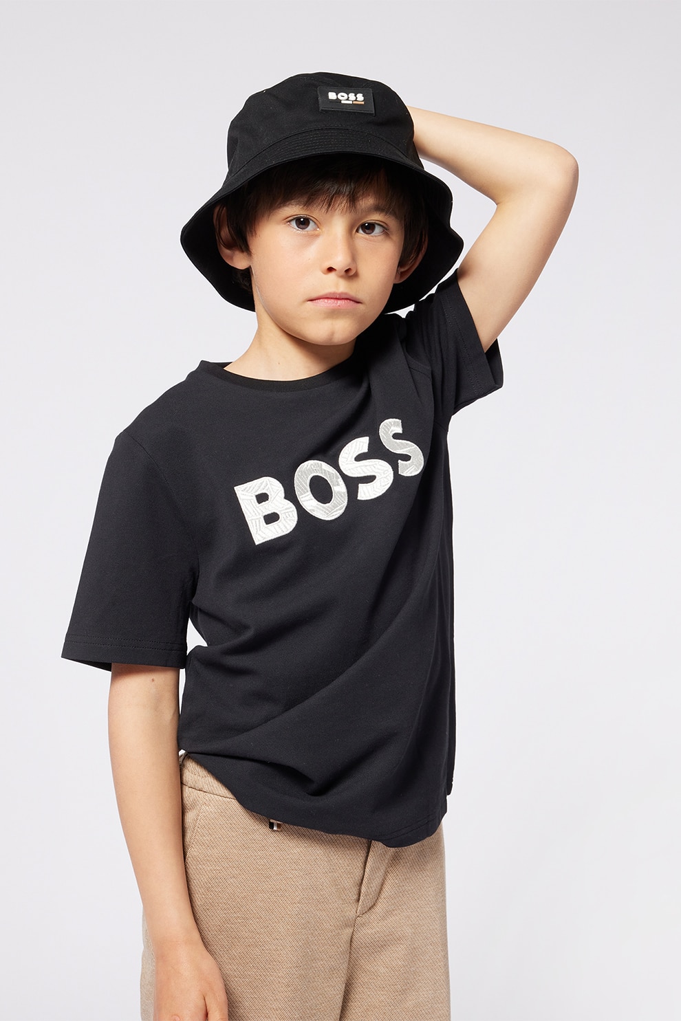 BOSS Kidswear, Tricou din bumbac cu imprimeu logo, Negru, 114 CM