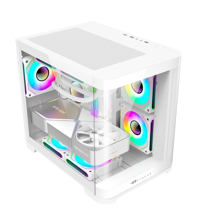 Carcasa PC, Tower, High-Value, Micro ATX, USB, ecran curbat, sticla calita complet transparenta, alb