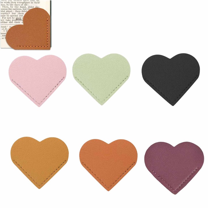 Set 6 Semne de Carte, SINBINTA, Design inima, Fara decolorare, Rezistent, Nu se deformeaza, Portabile, Reutilizabil, Impermeabil, Usor de folosit, Pentru pasionatii de lectura, Piele, 55*50mm, Multicolor