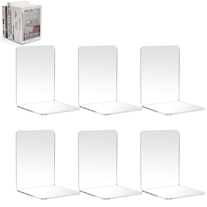 Set 6 Suporturi pentru Carti, SINBINTA, Suport de carte simplu, Tip L, Vertical, Portabil, Poate fi folosit in mod repetat, Usor de curatat, Pentru birou, acasa, biblioteca scoala, decorare desktop, ABS, 180*120*115mm, Transparent