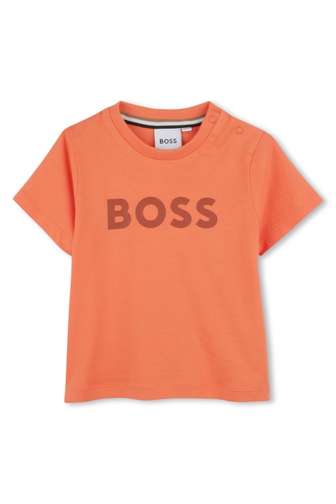 BOSS Kidswear, Tricou din bumbac cu decolteu la baza gatului, Portocaliu