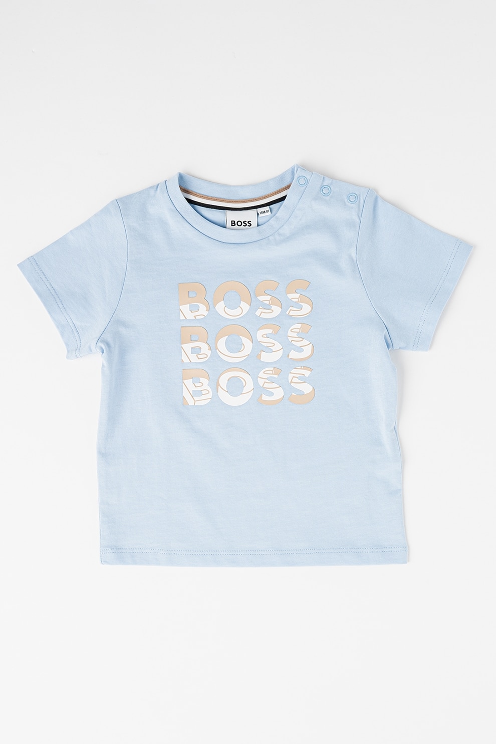 BOSS Kidswear, Tricou cu decolteu la baza gatului si imprimeu logo, Albastru deschis, 74 CM