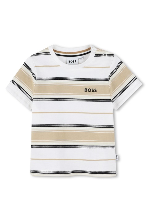 BOSS Kidswear, Tricou cu model in dungi si detaliu logo, Alb/Bej