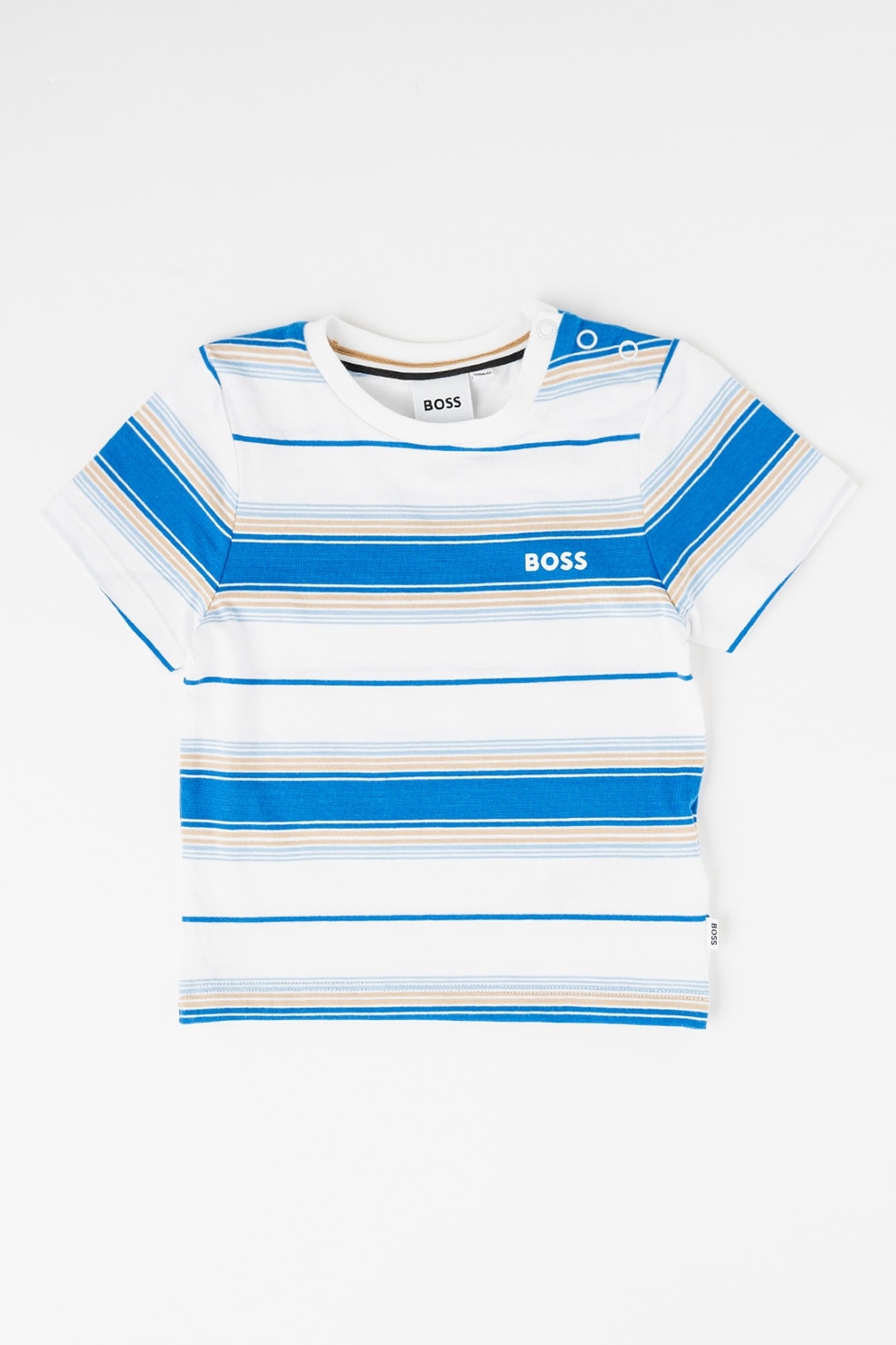 BOSS Kidswear, Tricou cu model in dungi si detaliu logo, Alb, Bleumarin, 74 CM